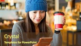  Presentation with coffee shop - Presentation design featuring women shopping inside store - woman use of smart phone background and a tawny brown colored foreground