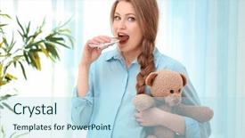  Presentation with pregnant woman - Theme with women shormones - emotional pregnant woman holding toy background and a sky blue colored foreground