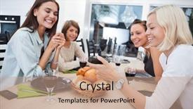  Presentation with dining table - Slide set with women showing something to her background and a coral colored foreground