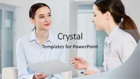  Presentation with women in office - Amazing PPT theme having women sitting at office having backdrop and a sky blue colored foreground