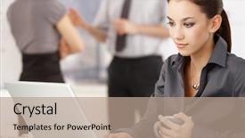  Presentation with standing sitting - Theme enhanced with women sitting behind desk - young attractive woman working background and a coral colored foreground