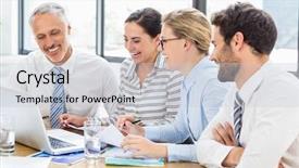  Presentation with office - Colorful PPT theme enhanced with women sitting desk - business colleagues laughing while discussing backdrop and a lemonade colored foreground