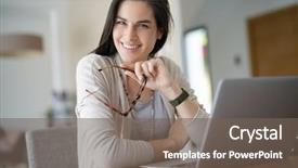  Presentation with home office - Audience pleasing presentation theme consisting of women sitting desk - cheerful woman working on laptop backdrop and a gray colored foreground