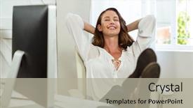 Presentation with college education happy smiling - PPT theme featuring women sitting desk - happy businesswoman smiling while relaxing background and a light gray colored foreground