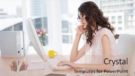  Presentation with computer burn - Slide deck consisting of women sitting desk - hipster woman using a computer background and a  colored foreground