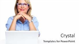  Presentation with business women - Audience pleasing PPT theme consisting of women sitting desk - senior business woman isolated backdrop and a white colored foreground