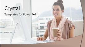  Presentation with coffee cup - Beautiful PPT layouts featuring women sitting desk - smiling businesswoman holding paper cup backdrop and a  colored foreground
