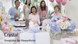  Presentation with baby shower - Beautiful PPT layouts featuring women smiling at baby shower backdrop and a sky blue colored foreground