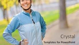  Presentation with hip - Presentation design with women smiling with hands on hip outdoor background and a mint green colored foreground