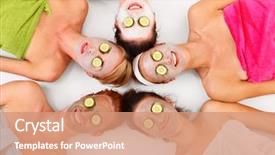  Presentation with masks - Beautiful PPT theme featuring women spa - picture of five girl friends backdrop and a coral colored foreground