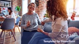  Presentation with coffe - Presentation theme consisting of women speaking and smiling happy sitting on the sofa drinking cup of coffe celebrating christmas at home background and a ocean colored foreground