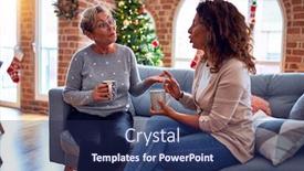  Presentation with coffe - Presentation with women speaking and smiling happy sitting on the sofa drinking cup of coffe celebrating christmas at home background and a navy blue colored foreground