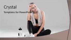  Presentation with water bottle - PPT theme with women sport - smiling tired young woman athlete background and a light gray colored foreground