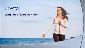  Presentation with walking - PPT theme with women sport - young woman walking on beach background and a sky blue colored foreground