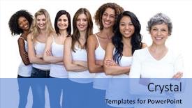  Presentation with women - Beautiful PPT layouts featuring women standing in a line backdrop and a teal colored foreground
