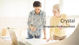  Presentation with women in office - Theme featuring women standing in office reading background and a  colored foreground