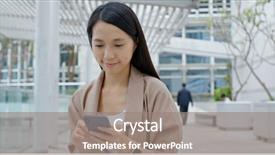  Presentation with mobile phone in woman hand - PPT theme featuring women status - young woman use of mobile background and a gray colored foreground