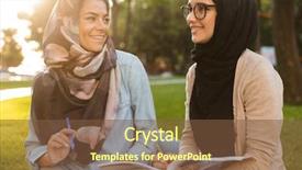  Presentation with women - Colorful slide deck enhanced with women students writing in copybook backdrop and a tawny brown colored foreground