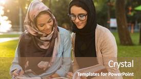  Presentation with women - Amazing slides having women students writing in copybook backdrop and a coral colored foreground