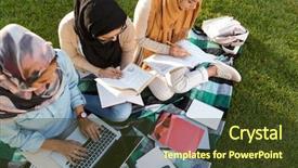  Presentation with women - Audience pleasing theme consisting of women students writing in copybook backdrop and a tawny brown colored foreground