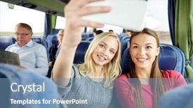  Presentation with bus - Colorful theme enhanced with women taking selfie by smartphone in travel bus backdrop and a teal colored foreground