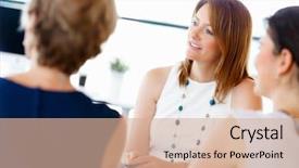  Presentation with lets talk - Colorful PPT theme enhanced with women talking - attractive businesswoman talk in office backdrop and a coral colored foreground