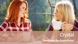  Presentation with coffee talk - PPT theme featuring women talking - two friends talk and drink background and a coral colored foreground