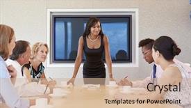  Presentation with banquet meeting - Slides enhanced with women teamwork - businesswoman by screen addressing boardroom background and a soft green colored foreground