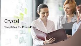  Presentation with case folder file labeled - Audience pleasing PPT theme consisting of women teamwork - businesswomen with file folders discussing backdrop and a light gray colored foreground