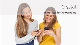  Presentation with women - Beautiful PPT theme featuring women texting on their cellphone backdrop and a  colored foreground