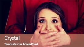  Presentation with mouth - Slide deck enhanced with women trafficking - scared woman has mouth covered background and a coral colored foreground