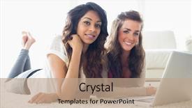  Presentation with computer room - Amazing theme having women typing on a computer backdrop and a  colored foreground