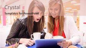  Presentation with snacks - Beautiful PPT layouts featuring women using digital tablet while having coffee and snacks in mall backdrop and a coral colored foreground