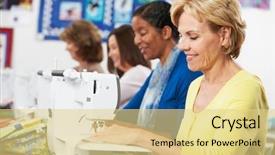  Presentation with sewing needle - Colorful PPT theme enhanced with women using electric sewing backdrop and a blonde colored foreground