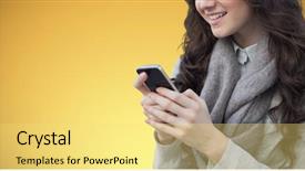  Presentation with abstract - PPT theme consisting of women using smartphone against abstract background and a yellow colored foreground
