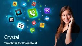  Presentation with conference phone calls - Colorful PPT theme enhanced with women website - attractive young woman calling backdrop and a ocean colored foreground