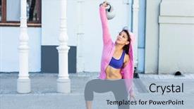  Presentation with music and athletic teams - PPT theme featuring women weight training - athletic woman exercising turkish get background and a light blue colored foreground