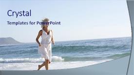  Presentation with running - Presentation design consisting of women white dresses - casually dressed young woman running background and a sky blue colored foreground