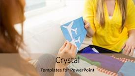  Presentation with ticket - Beautiful slides featuring women with airplane ticket backdrop and a  colored foreground