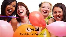 Presentation with balloons - Slide deck having surprise party - four happy young women background and a gold colored foreground