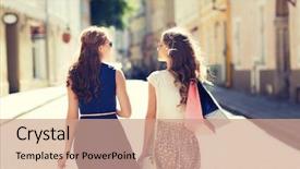  Presentation with city people walking - Presentation design consisting of women with shopping bags walking background and a coral colored foreground