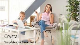  Presentation with home office - PPT theme having online furniture - busy young woman with daughter background and a lemonade colored foreground