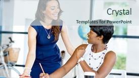  Presentation with women in office - Slide deck featuring women working together office interior background and a sky blue colored foreground