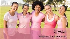  Presentation with breast cancer - PPT layouts featuring portrait of laughing women wearing pink for breast cancer in parkland background and a coral colored foreground