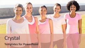  Presentation with breast cancer - Slide deck with portrait of smiling women wearing pink for breast cancer in parkland background and a coral colored foreground