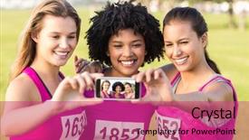  Presentation with runners - Audience pleasing slide set consisting of runners supporting breast cancer marathon and taking selfies in parkland backdrop and a purple colored foreground