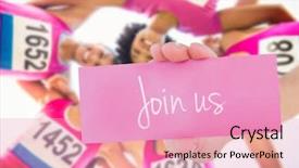  Presentation with runners - Presentation design consisting of word join us and young woman holding blank card against five smiling runners supporting breast cancer marathon background and a lemonade colored foreground