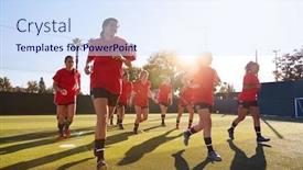  Presentation with team training - Presentation design having womens-football-team-run-whilst background and a sky blue colored foreground