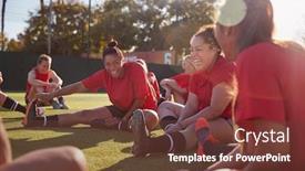  Presentation with team training - Presentation design featuring womens-football-team-stretching-whilst background and a tawny brown colored foreground