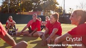  Presentation with team training - Presentation design with womens-football-team-stretching-whilst background and a tawny brown colored foreground